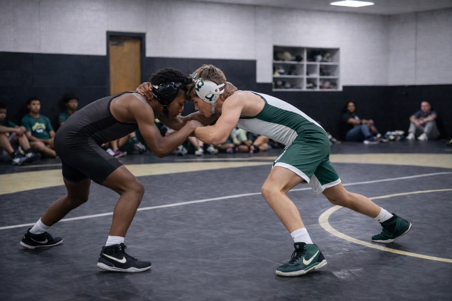 Two student-athletes wrestling during practice